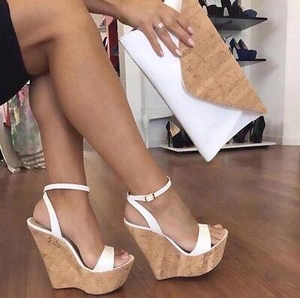 

polite2020 nude leather red wedge white peep toe ankle strap high wooden platform summer sandals gladiator shoes, Black