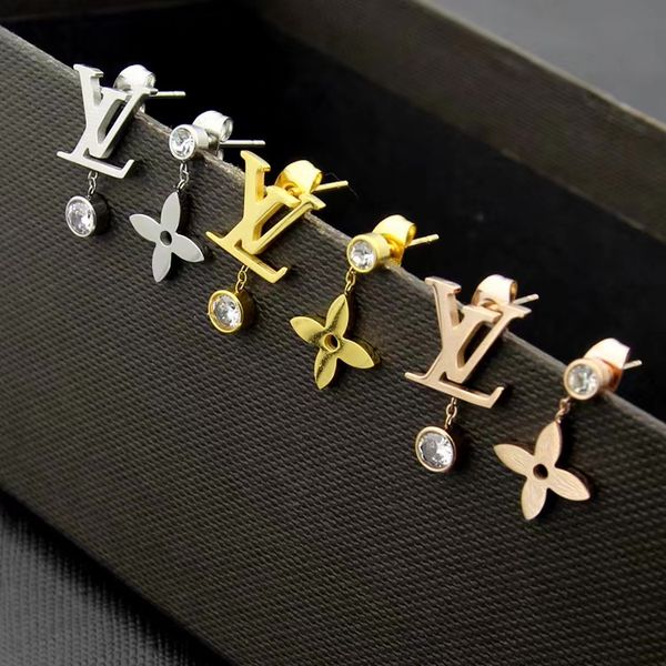 

fashion designer jewelry women earrings four leaf flower earrings stainless steel silver rose gold elagant asymmetrical diamond stud 020 123, Golden;silver
