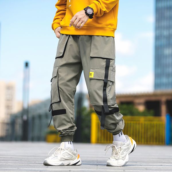 

men's pants streetwear hip hop cargo 2021 spring autumn mens baggy pockets ribbon joggers men japanes style black harem