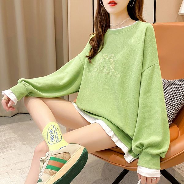 

средняя длина свитера женских поддельные из двух частей вышивки корейского стиль 2020 осени и зима нового тонкого свитера свободного свитер, Black