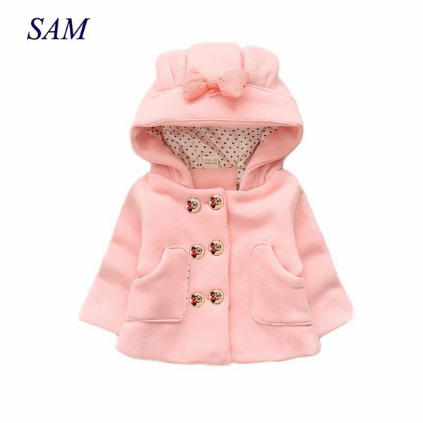 

girls casual thick woolen coats children's hooded shirt bow pocket double-breasted outerwear baby kids wam jackets clothes lj200818, Blue;gray