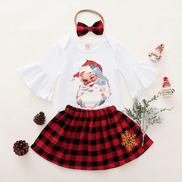 

3 pcs infant baby girls christmas sets outfits santa print romper+plaid skirts+headbands newborn winter baby girls sets outfits, White