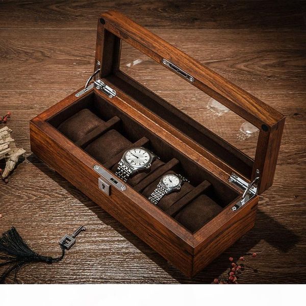 

tang 5 slots wood watch storage boxes case mechanical men's watch storage case lock wooden display jewelry gift box, Black;blue