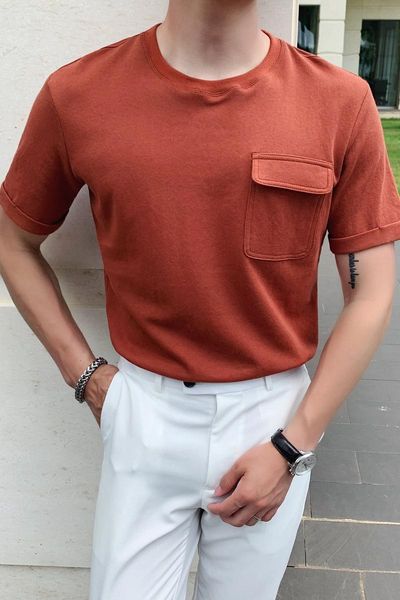 

solid color slim black white shirt tee shirt homme 2020 summer male british casual round collar t-shirt short sleeve big pocket t200528, White;black