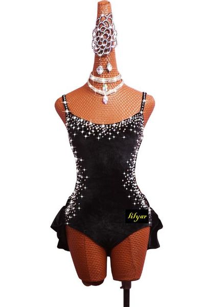 

latin dance costume performance dress sasa dance salsa jumpsuit black tie #ld0076, Black;red