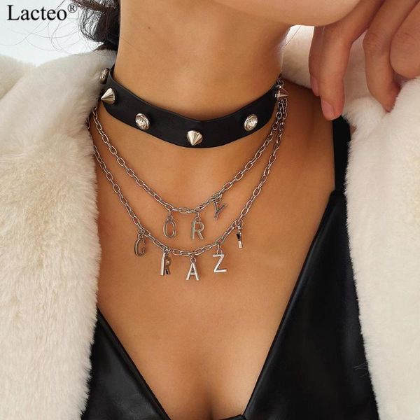 

lacteo new gothic pu clavicle choker necklace jewelry 2020 for women fashion multi layered metal crazy letter pendant necklace, Silver