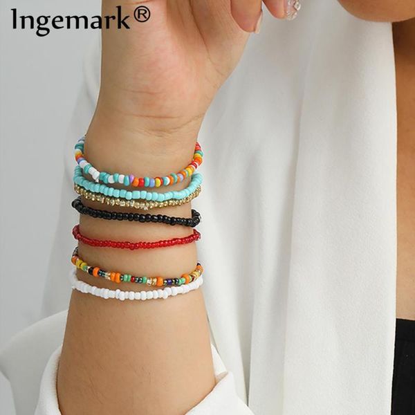 

kpop boho rainbow rice bead bracelet bangle summer beach women vintage elasticity chain bracelets friends couple charm jewelry, Black