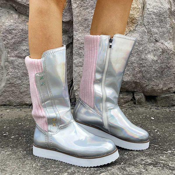 

women warm snow boots winter zipper flats plus size patchwork round toe casual female boots 2020 new, Black