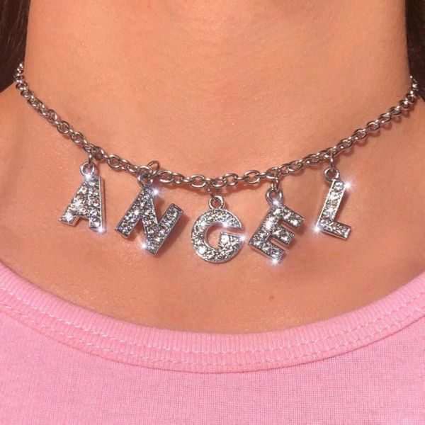 

1pc necklace harajuku letter crystal angel jewelry couple necklace choker punk fashion vintage accessories gift for women girls, Silver