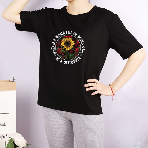 

womens diy t-shirts fashion women sunflower & letters printed shirts breathable casual women custom tee 3 colors plus size m-4xl a760