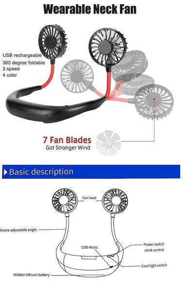 

wearable fashion portable mini neck hanging fan usb sport charging fan with led light and aroma sponge retail packing ing