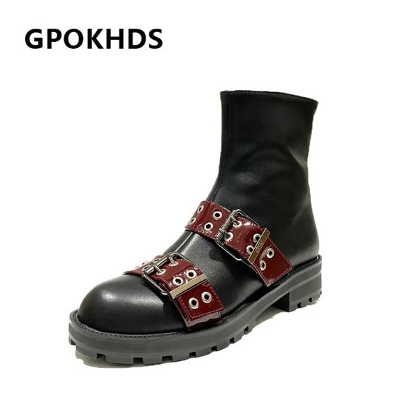 

gpokhds 2021 women ankle boots cow leather winter short plush round toe metal decoration med heels female riding boots size 40, Black