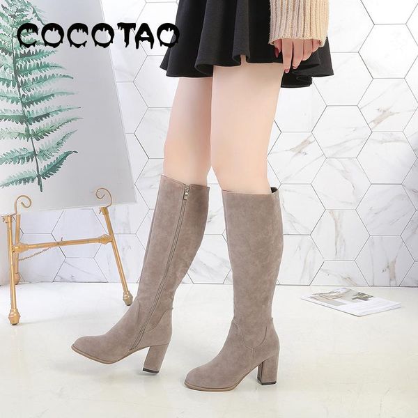 

версия замши round head высокой пятки колена длинные сапоги педикюр тонкий эластичный zipper мода дикого высокие ботинки женщин 2020 корейск, Black