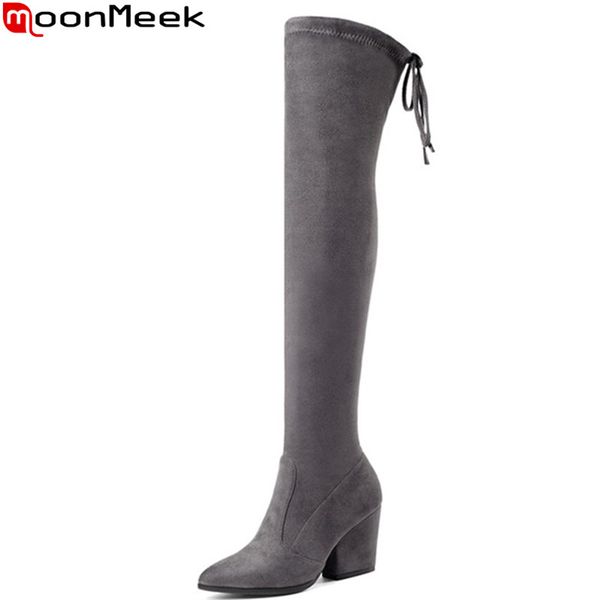 

moonmeek 2020 autumn winter women over the knee boots pointed toe cross tied thigh high boots thick high heels ladies, Black