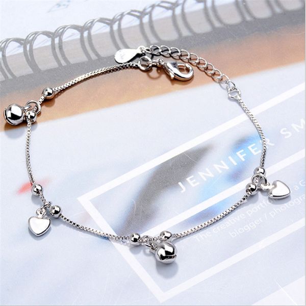 

female trendy lovely small bell heart chain bracelet solid chain link ankle bracelet gorgeous jewelry gift, Golden;silver