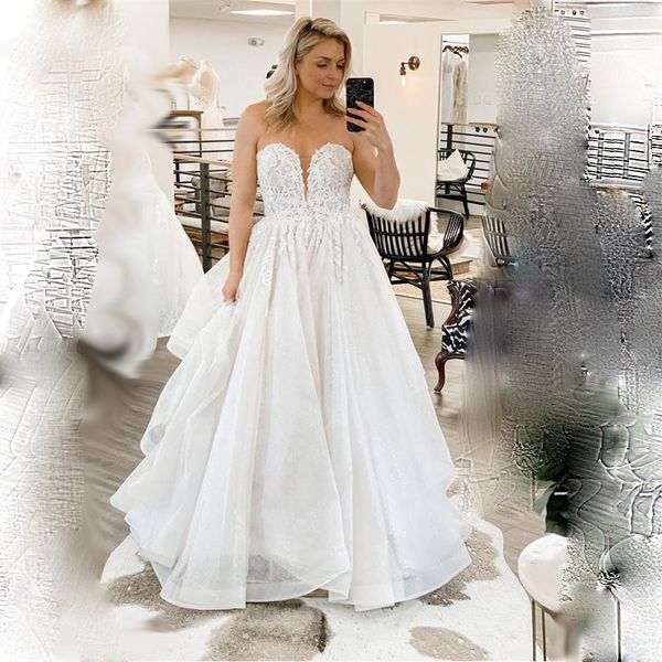 

appliques lace wedding dresses sweetheart tulle a line floor length dress bridal gowns formal plus size vestidos de novia 2020, White