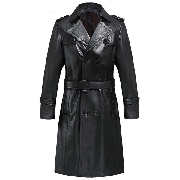 

men's leather & faux genuine jacket sheepskin long coat korean slim windbreaker chaqueta cuero hombre fi008s yy1358, Black
