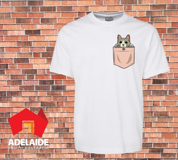 

2019 fashion funny white t-shirt printed cute cat pocket new design sizes small to 3xl tee shirt