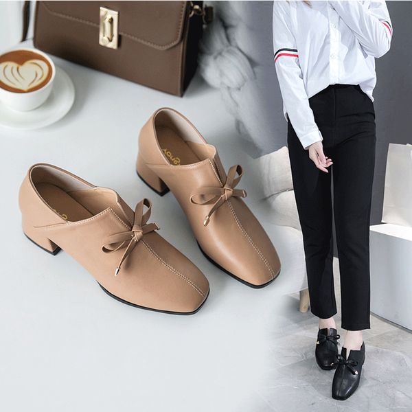

2020 new retro semi-high heeled square bow shoes, fashion all-match womens shoes, Black