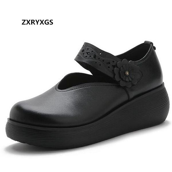 

new autumn classic retro flowers cowhide genuine leather shoes women's shoes platform slope with high heels fashion, Black
