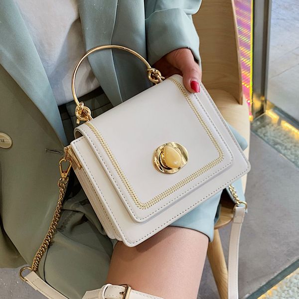 

elegant female metal ring tote bag 2020 summer new quality pu leather women's designer handbag lock chain shoulder messenger bag