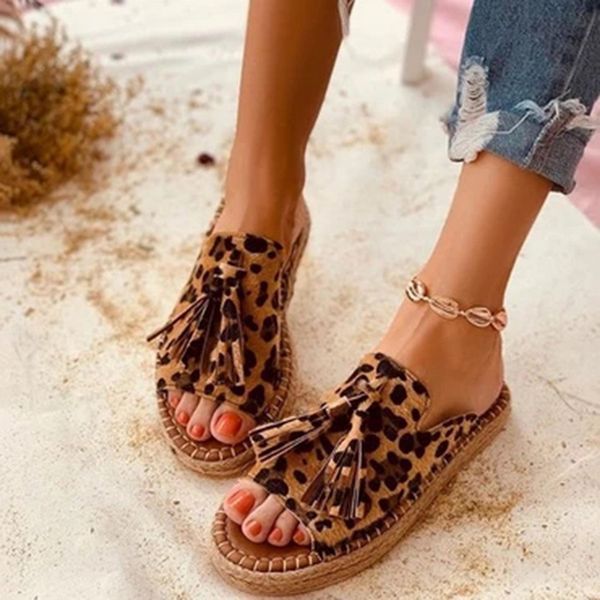 

vertvie women shoes sandals summer flat shoes pu leather leopard luxury tassel sandals women mules zapatos de mujer, Black