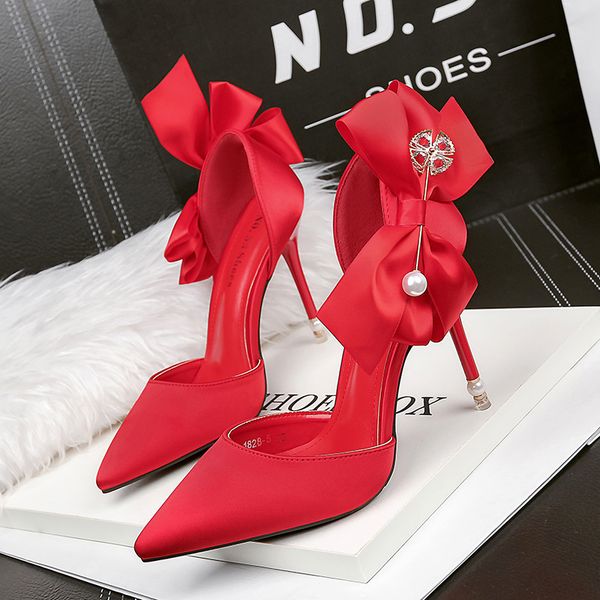 

dress shoes fairy2021 fashion 1828-5 korean pointed satin high-heeled bow pearl sandals thin heel shallow mouth wedding, Black