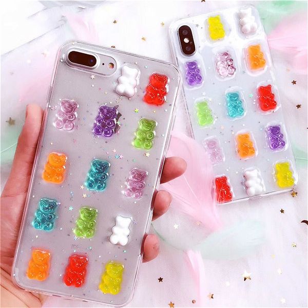 Gummy Bear 3D bonito Caso a cores doces para iphone 11 PRO MAX Caso gomoso ursos para 6s 7 8 Plus X XS macia Max XR dos desenhos animados Silicone TPU tampa do telefone