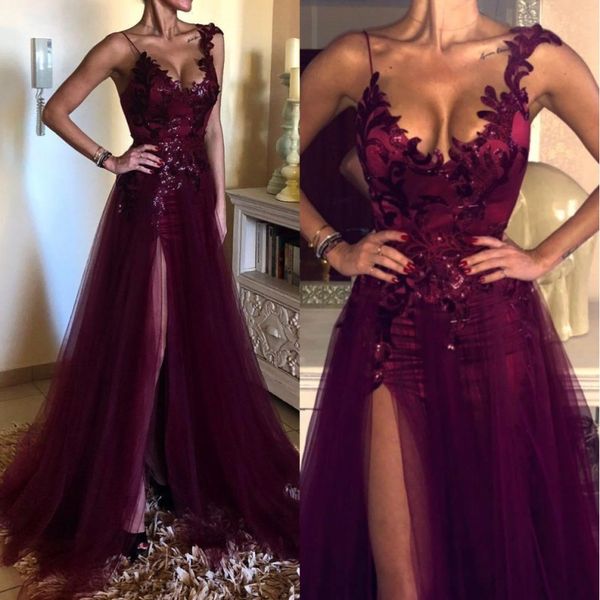 

2019 Sexy Burgundy Spaghetti Straps Tulle A Line Long Prom Dresses Lace Applique High Split Sweep Train Formal Party Evening Gowns BC0820