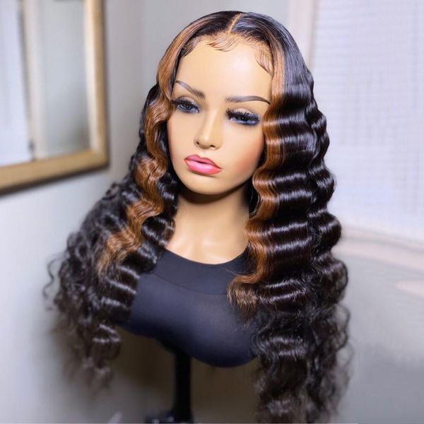 

4x4 lace closure wig m deep wave wig ombre highlight 150% lace front human hair wigs for black women brazilian remy hair, Black;brown