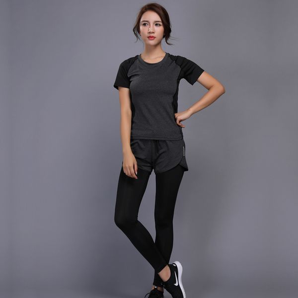 

yoga outfits women sport suit short sleeve shirt 2 in 1 pants set gym running fitness leggings tight sports clothing, White;red