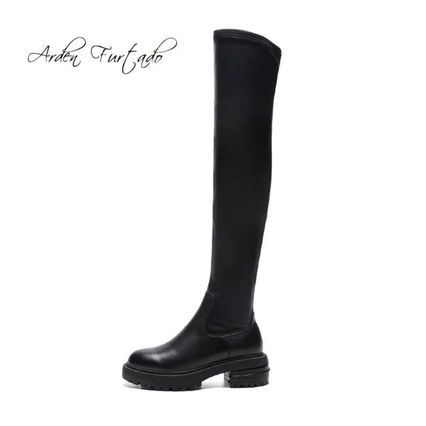 

boots arden furtado 2021 winter brogue shoes genuine leather slip on fashion square heels women's over the knee stretch, Black