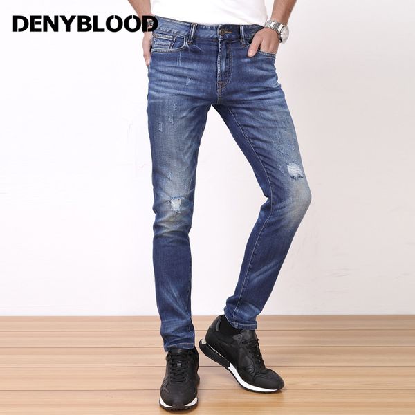 

men's jeans denyblood mens slim straight stretch denim distressed ripped casual pants trousers 7205, Blue
