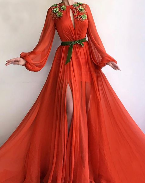 

evening dresses flowers lace high slit chiffon islamic dubai kaftan saudi arabic long sleeve evening gown prom dress, Black;red