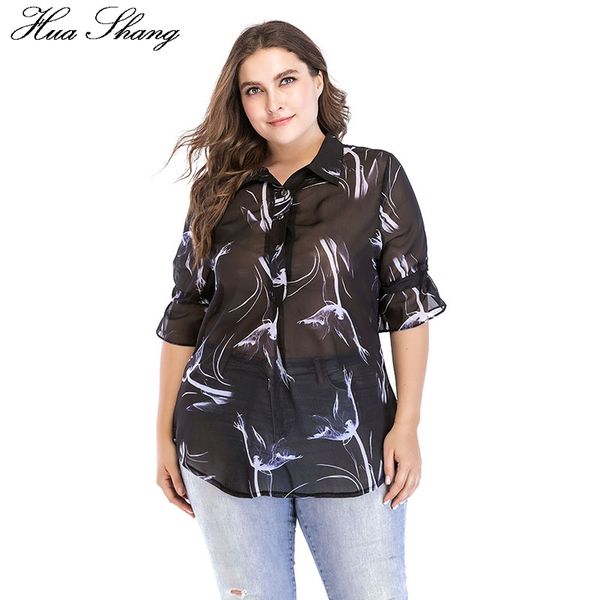 

hua shang plus size chiffon blouse 4xl 5xl 6xl women summer half sleeve white priting black tunic blouse see through ladies