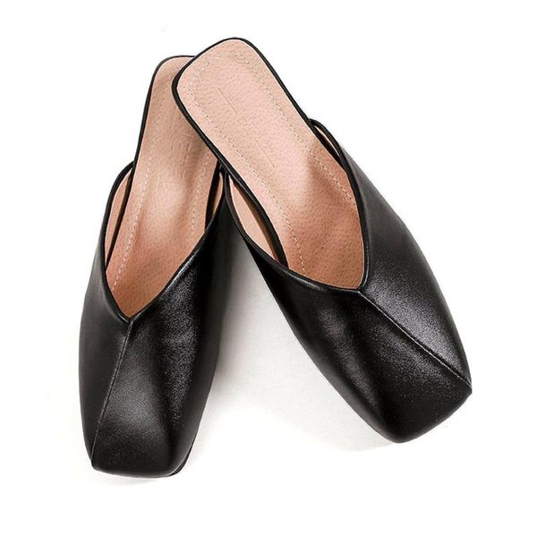 

women outdoor sandals fashion toe-covered leather slippers solid color ladies party mule shoes pretty casual indoor slides, Black