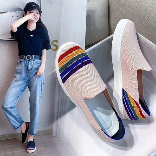 

rainbow weaving creepers board shoes women slip on student muffins loafers girls sneakers woman knitted flats platform shoes, Black