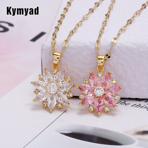 

kymyad copper choker necklace women bijoux cubic zirconia flower pendant necklaces for women gold rose gold colors necklaces, Silver