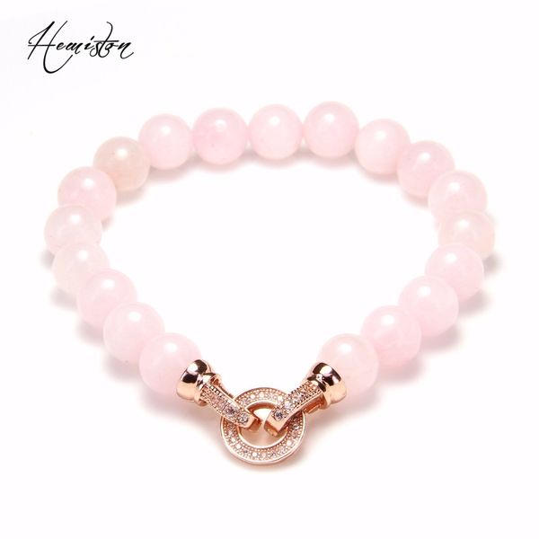 

thomas 8mm rose pink quartz bead bracelets with rose gold color macro paved cz circle clasp, romantic jewelry gift women ts b144 y200730, Black