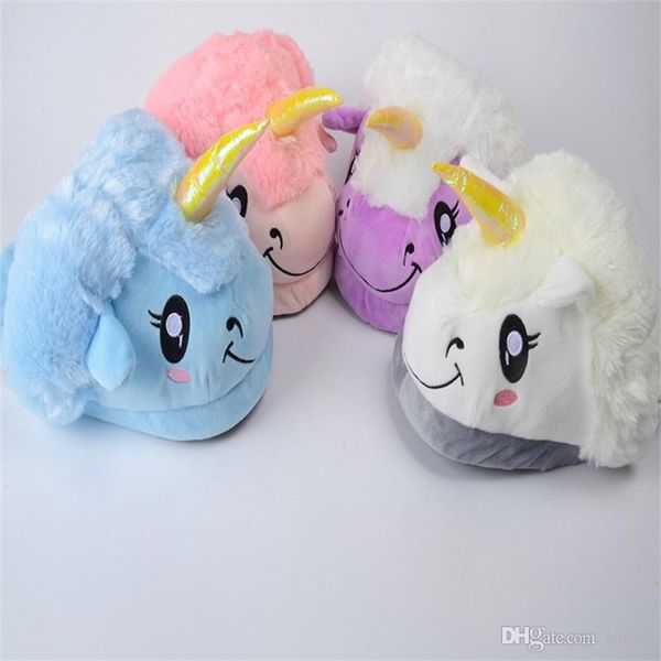 

unicorn plush cartoon slippers winter warm soft parents kids indoor home shoes blue pink purple white skidproof slipper 15jy hh