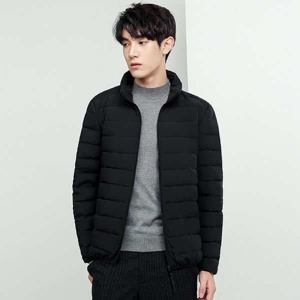 

Mens Winter Coat Down Jacket New Stand Collar Thin White Duck Down Jacket Warm Solid Color with Pockets Fashion and Korean Style Rib Sleeve