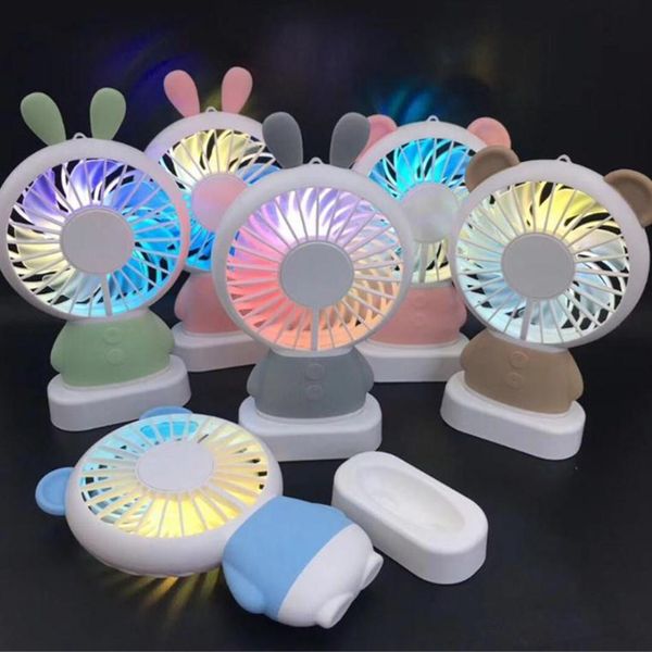 

cgjxs2018 new design rechargeale mini usb fan candy color rabbit &bear style handheld portable fan with led night light and necklace lanyard