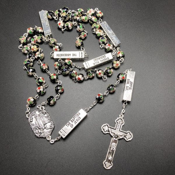 

black color cloisonne beads catholic rosary five miseries, Silver