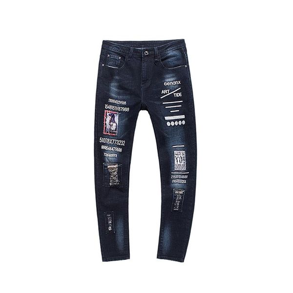 

2018 spring a new pair of trousers embroidered men's jeans and a korean version of the mini - span harem pants ing, Blue