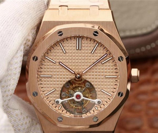 

rose gold stainless steel royal series 26522 real tourbillon cal.2924 hand-winding mechanical mens wristwatch sapphire designer men watches, Slivery;brown