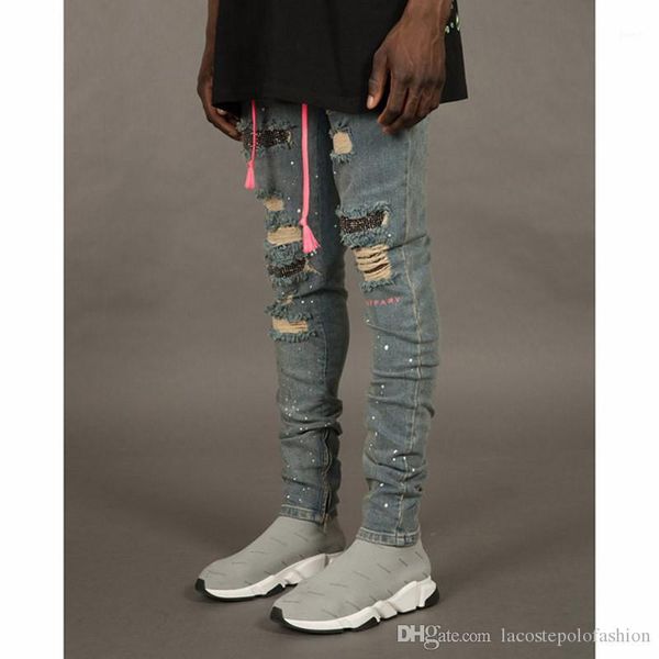 

fashion holes and rhinestone ornament pencil pants homme zipper fly light washed trousers mens designer jeans, Blue