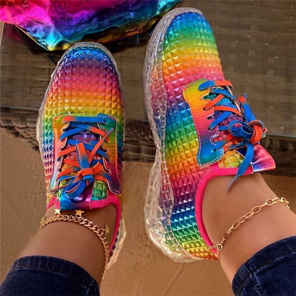 

women's rainbow sneakers women sequins vulcanized woman lace up casual platform shoes female footwear ladies plus size 35-43, Black