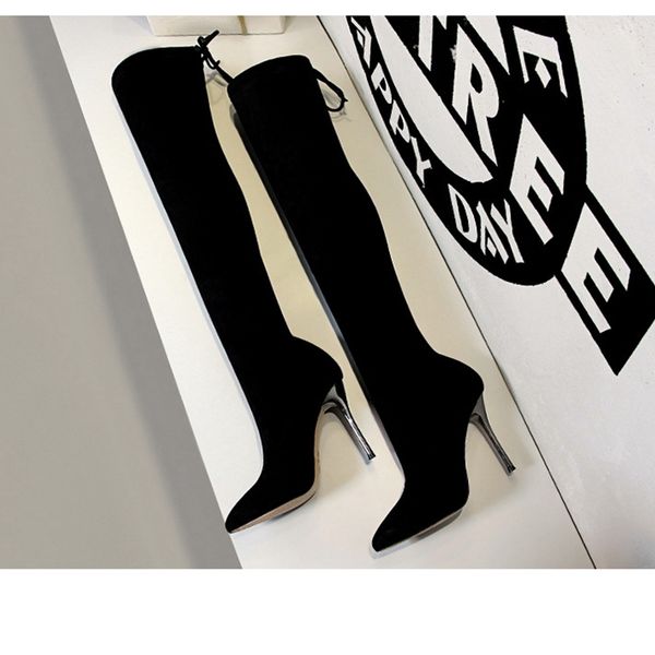 

european and american style simple boots super high heel suede pointed nightclub slim pedicure over the knee boots, Black
