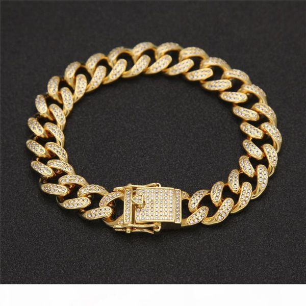 

hip hop bracelets 13mm 7 8inch gold silver colors cubic zirconia cz cuban bracelet link chain for mens jewelry, Black