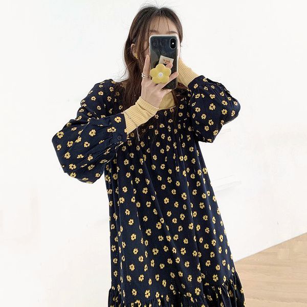 

zcsmll корейский chic ранняя осень ретро весь экран малый сломанный воротник цветы разбавитель площади сыпучие хем листья лотоса платье женс, Black;gray